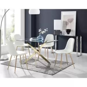 Furniturebox Leonardo 120cm Modern Glass And Gold Metal Leg Dining Table And 4 White Corona Faux Leather Dining Chairs with Gold Legs Diamond Stitch