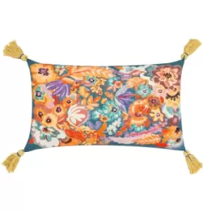 Traloa Floral Tasselled Cushion Multicolour/Gold, Multicolour/Gold / 30 x 50cm / Polyester Filled