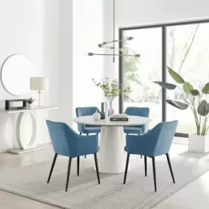 Furniturebox UK - Furniturebox Palma Beige Stone Effect Round Dining Table & 4 Blue Calla Velvet Dining Chairs With Black Legs