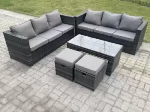 Fimous 6 Seater Outdoor Dark Grey Rattan Lounge Sofa Complete Set with Coffee Table and 2 Stools