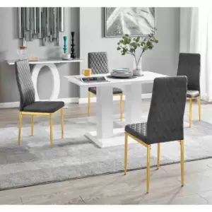 Furniture Box Imperia 4 White Dining Table and 4 Grey Velvet Milan Gold Leg Chairs