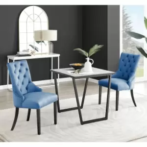 Furniturebox Carson White Marble Effect Square Dining Table & 2 Blue Belgravia Black Leg Velvet Chairs