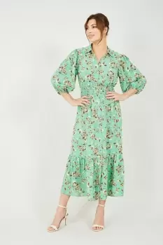 Green Floral Midi Shirt Dress