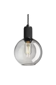 Knurled Tinted Glass Globe Pendant Light, 7 Inch, Smoke Grey, Black Holder