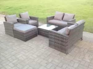 Fimous 6 Seater Outdoor Dark Mixed Grey Rattan Lounge Complete Sofa Set with Square Coffee Table and Big Footstool