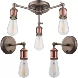 3 Lamp Ceiling Pendant & 2x Matching Wall Light Pack Tarnished Aged Copper Kit