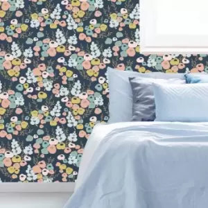 Superfresco Easy Lily Retro Navy Floral Wallpaper - Beige