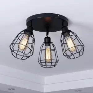 Harperliving - Caged Ceiling Light, 3 Lights E27 Cap, Black Vintage Finish, LED Compatible