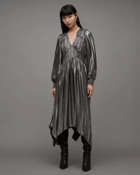 AllSaints Estelle Metallic Asymmetric Midi Dress