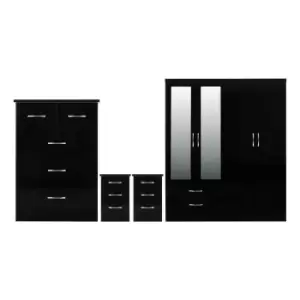 Seconique Nevada 4 Door 2 Drawer Wardrobe Bedroom Set - Black Gloss