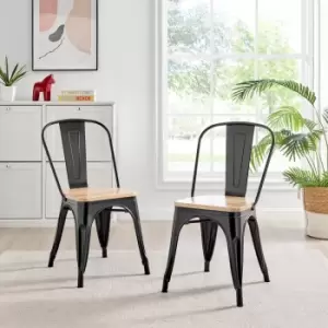 Set of 2 Colton Industrial Steel Stackable Tolix Style Dining Chairs With Pine Seats