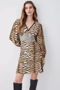 Animal Mixed Print Plunge Neck Woven Mini Dress