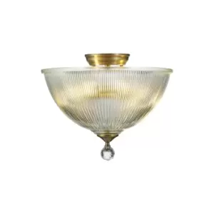 Dresden 2 Light Semi Flush Ceiling Lamp E27 With Dome 38cm Glass Shade Antique Brass, Clear