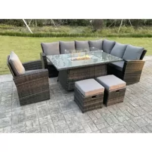 Fimous 7 Seater Outdoor Dark Grey Rattan Lounge Complete Sofa Set Right Side with Gas Fire Pit and 2 Stools