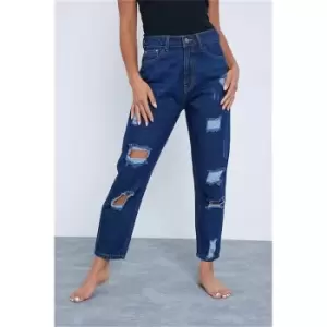 I Saw It First Dark Wash Petite High Waisted Ripped Jeans - Blue