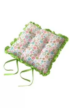 Reversible Green Frilled Cushion Seat Pad with Ties Retro Flower