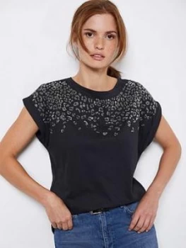 Mint Velvet Studded Leopard T-Shirt - Grey, Dark Grey, Size XL, Women