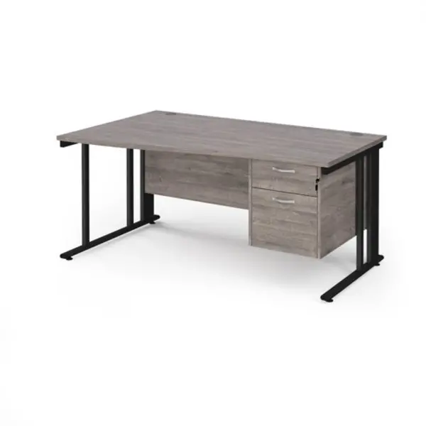 Maestro 25 left hand wave desk 1600mm wide with 2 drawer pedestal - Black cable managed leg frame, grey oak top