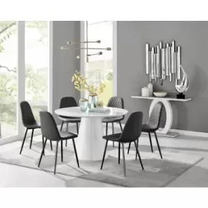 Furniturebox Palma White High Gloss 6 Seat Minimalist Post Modern Round Dining Table & 6 Black Corona Faux Leather Dining Chairs with Black Legs