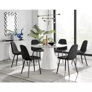 Furniturebox Palma White Marble Effect 120cm Round Minimalist Dining Table & 6 Black Corona Faux Leather Dining Chairs with Black Legs Diamond Stitch