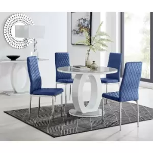 Furniturebox Giovani Grey 100cm Round Dining Table and 4 Navy Velvet Milan Dining Chairs With Silver Legss