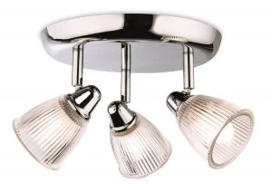 3 Light Bathroom Flush Light Chrome with Clear Ribbed Glass IP44, G9