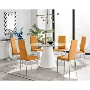 Furniture Box Palma White Marble Effect Round Dining Table and 6 Mustard Milan Chrome Leg Chairs