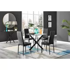 Furniture Box Novara Black Leg Round Glass Dining Table and 4 Black Milan Black Leg Chairs