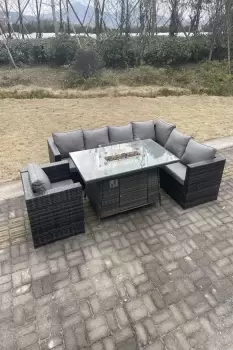 Fimous 7 Seater Outdoor Dark Grey Rattan Lounge Complete Sofa Set with Gas Fire Pit Dining Table