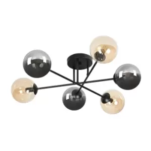 Emibig Brendi Black Globe Multi Arm Semi Flush Ceiling light with Clear, Graphite Glass Shades, 6x E14