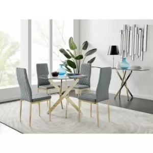 Novara 100cm Gold Round Dining Table and 4 Grey Gold Leg Milan Chairs - Elephant Grey