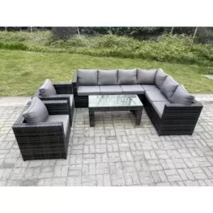 Fimous 8 Seater Outdoor Dark Grey Mixed Rattan Lounge Complete Sofa Set with Rectangular Coffee Table