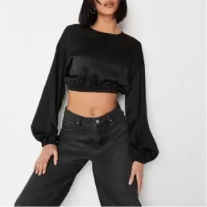 Missguided Puff Sleeve Satin Crop Top - Black