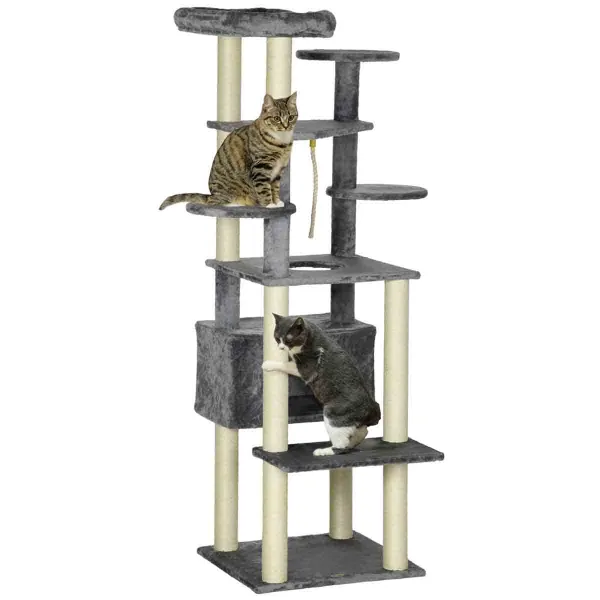 PawHut 184cm Modern Cat Tower w/ Cat Bed - Grey