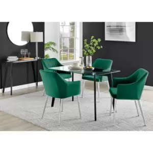 Furniture Box Malmo Glass and Black Leg Dining Table & 4 Green Calla Silver Leg Chairs