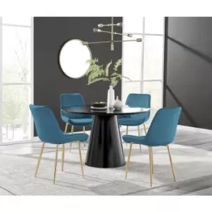 Furniturebox Palma Black Semi Gloss 120cm Round Minimalist Dining Table & 4 Blue Pesaro Gold Leg Chairs