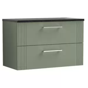 Nuie Deco Satin Green 800mm Wall Hung 2 Drawer Vanity Unit with Sparkling Black Laminate Worktop - DPF895LSB - Satin Green