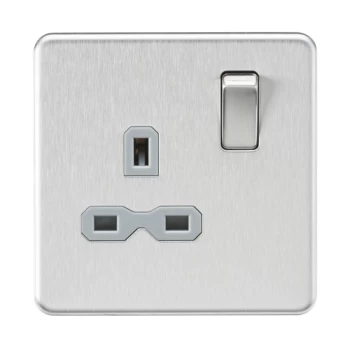 KnightsBridge Screwless 13A 1G DP switched Socket - Brushed Chrome with grey Insert