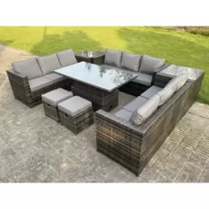 Fimous 6 Seater Dark Grey Outdoor Rattan Dining Sofa Complete Set with Adjustable Table, 2 Side Coffee Tables and 2 Stools