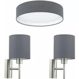 Loops - Low Ceiling Light & 2x Matching Wall Lights Grey Fabric Round Shade Lamp