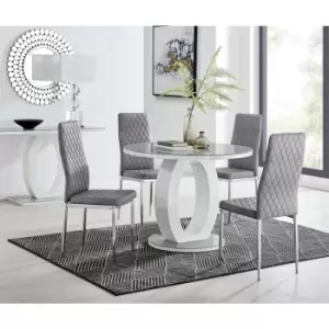 Furniturebox UK - Furniturebox Giovani Grey 100cm Round Dining Table and 4 Grey Velvet Milan Dining Chairs With Silver Legss