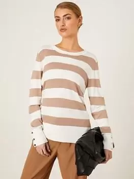 Dorothy Perkins Stripe Button Cuff Jumper - Camel, Brown, Size S, Women