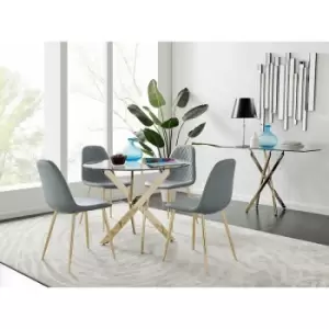 Furniturebox UK - Furniturebox Novara Gold Metal And Glass 100cm Round Dining Table And 4 Elephant Grey Corona Faux Leather Dining Chairs with Gold