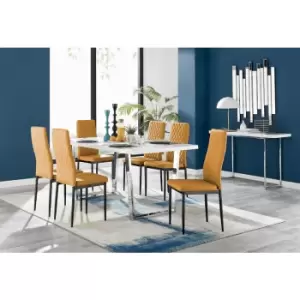 Furniturebox UK - Furniturebox Kylo White High Gloss Dining Table & 6 Mustard Velvet Milan Dining Chairs With Black Legs