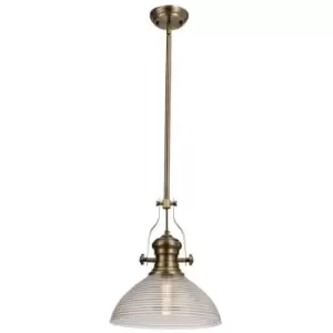 Telescopic Dome Ceiling Pendant E27 With 33.5cm Prismatic Glass Shade, Antique Brass, Clear - Luminosa Lighting