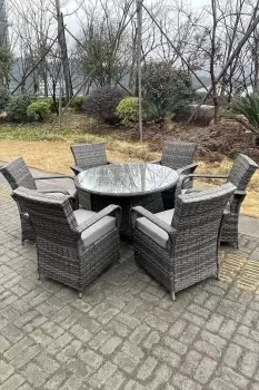 Fimous 6 Seater Outdoor Dark Grey Rattan Complete Dining Set with Round Table