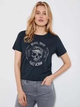 Mint Velvet Embellished Skull Band T-Shirt - Grey