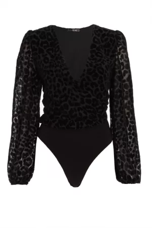 Quiz Black Velvet Wrap Bodysuit - 6