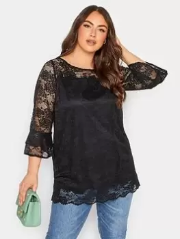 Yours Bell Sleeve Blouse Floral Lace, Black, Size 26-28, Women