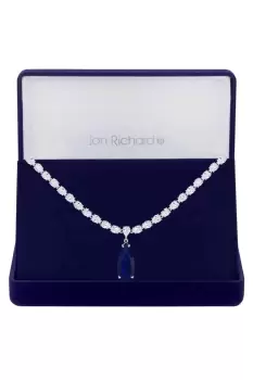 Rhodium Plated Cubic Zirconia Statement Blue Peardrop Necklace - Gift Boxed